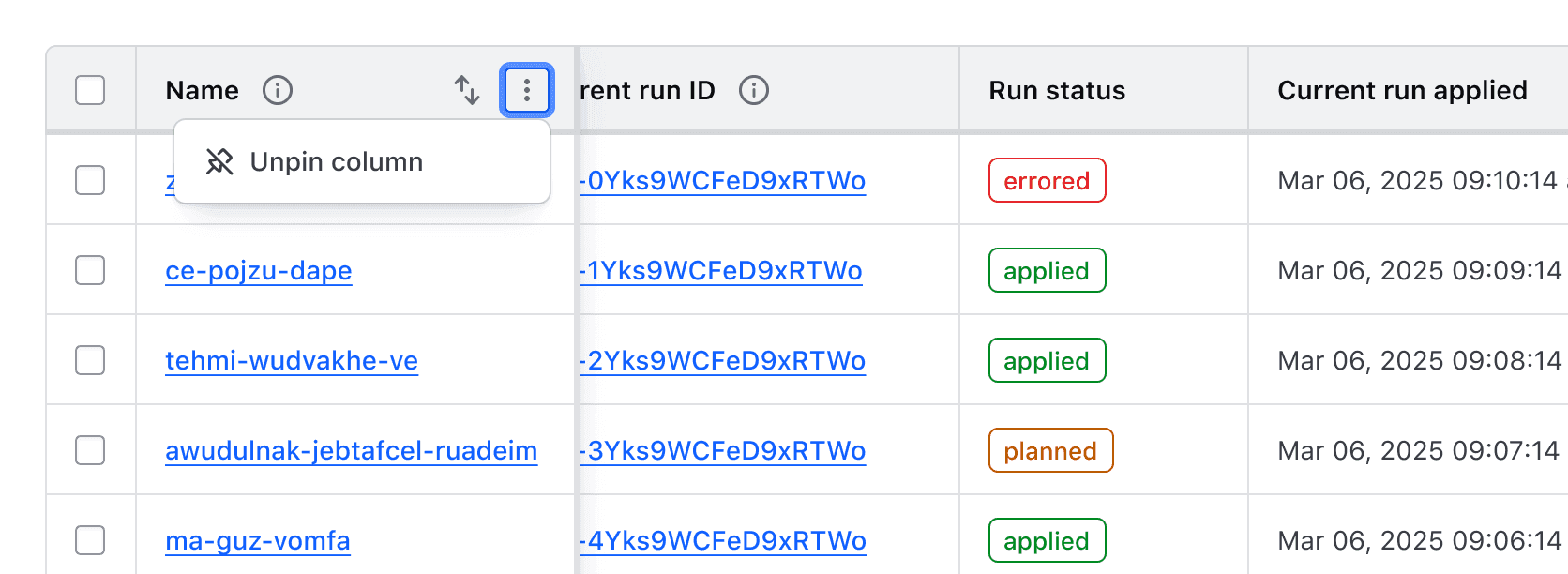 An Advanced Table with a pinned column with the context menu open and a single "Unpin column" option